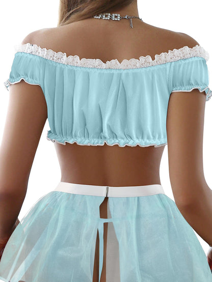 Sexy Stockings Mini Skirt Mesh Sheer Lace Costume Outfit Lingerie with Thong Set 4 Piece