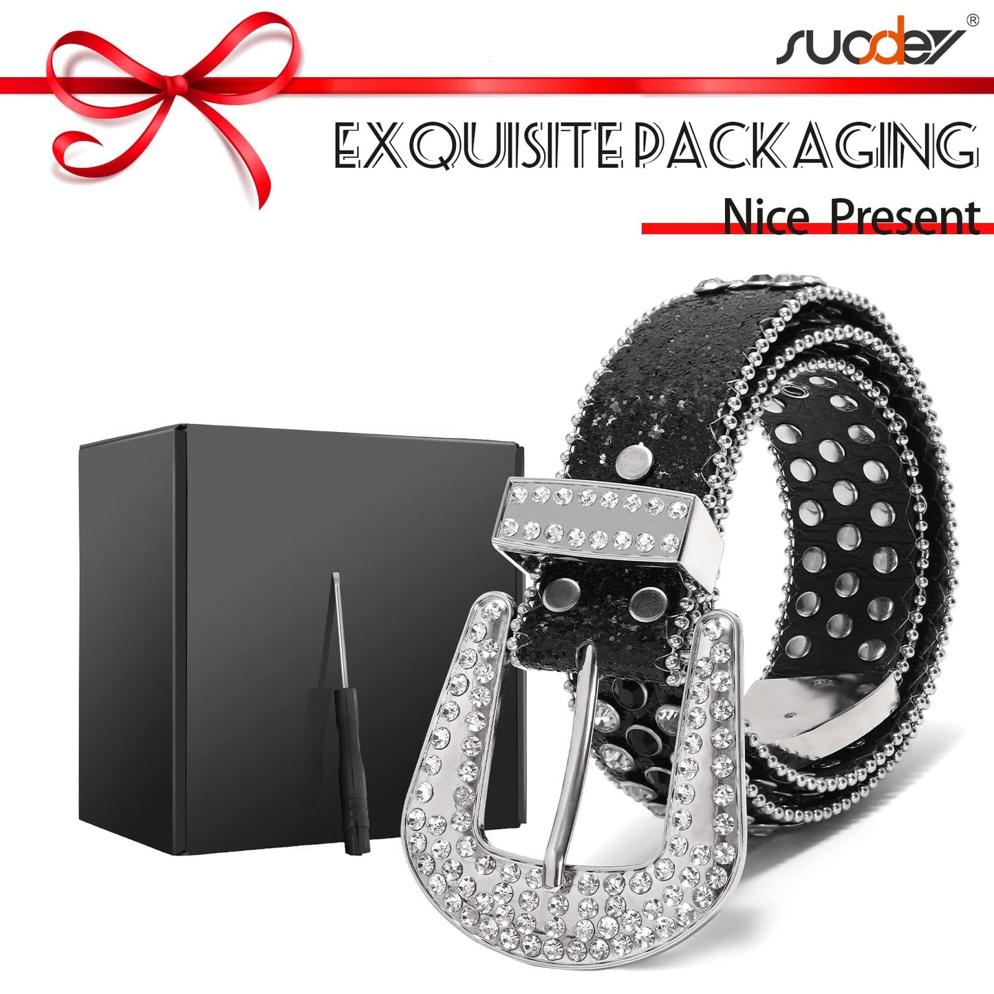 SUOSDEY Rhinestone Belt Unisex Sequin Strap Bling Crystal Western Studs Glitter Luxury Belt for Jeans Pants Dress