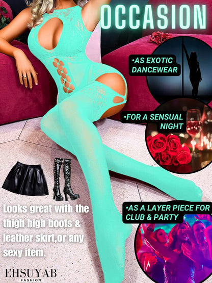 Women Body Stockings Sexy, Exotic Dancer Fishnets Lingerie Glow Party, Fishnet Bodysuit Rave Outfits Club Plus Size