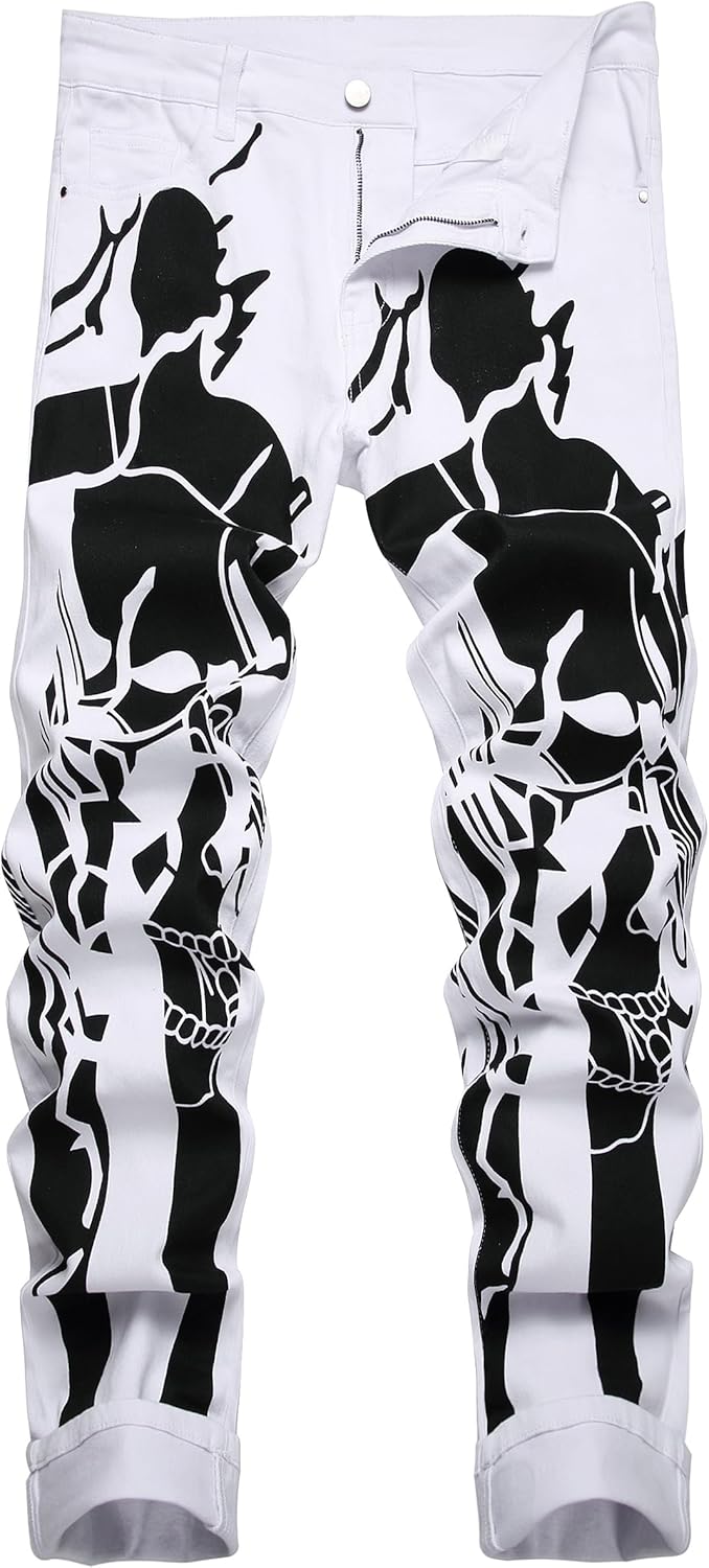 DANT BULUN Men's Fashion Casual Printed Jeans Stretch Skinny Denim Jogger Pants