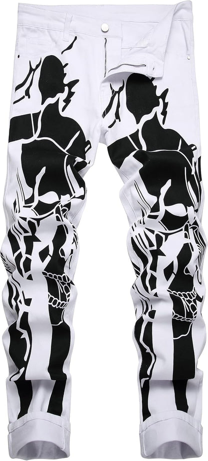 DANT BULUN Men's Fashion Casual Printed Jeans Stretch Skinny Denim Jogger Pants