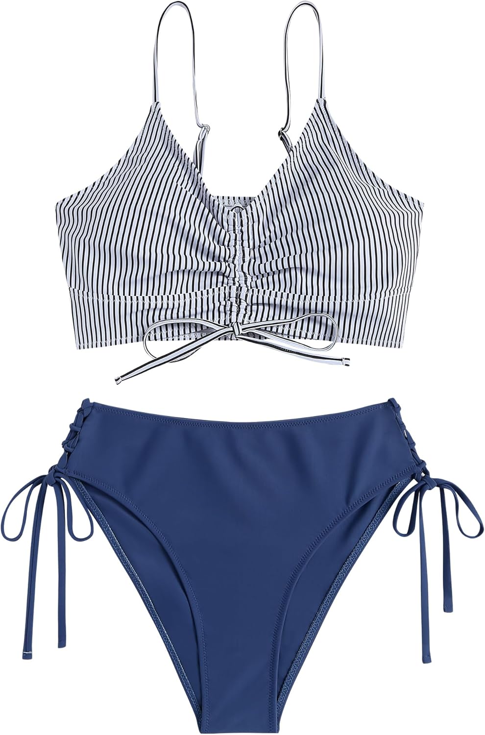 ZAFUL Women V Neck Bikini Set Ruched Tie Front High Waisted Floral Print Ribbed 2 Piece Bathing Suit Swimsuits