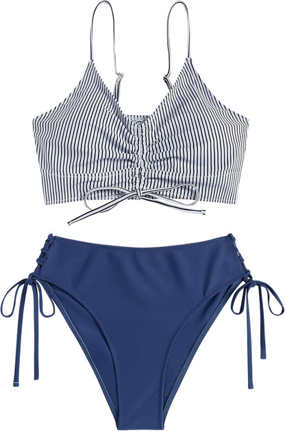 ZAFUL Women V Neck Bikini Set Ruched Tie Front High Waisted Floral Print Ribbed 2 Piece Bathing Suit Swimsuits