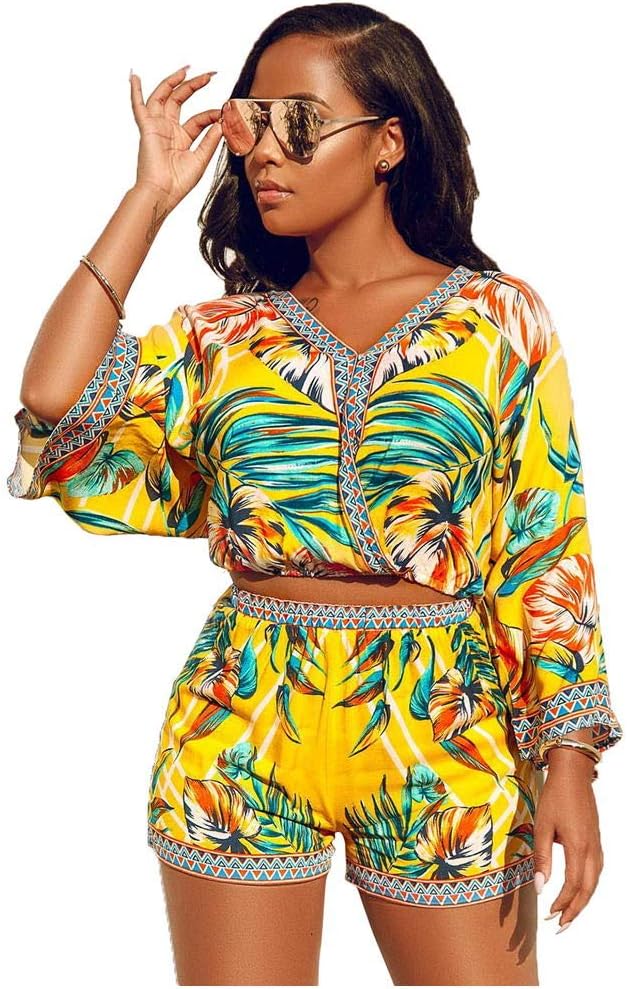 Sexy Two Piece Shorts Set - African Floral Jumpsuits Rompers Vacation Club Outfit