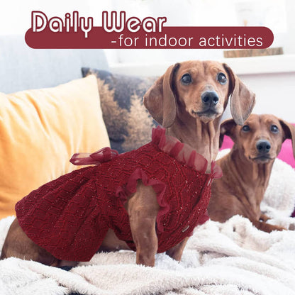 Kuoser Dog Dress, Cute Dog Dresses for Small Dogs Girl Elegant Puppy Tutu with Bow-Knot, Doggie Princess Costume Pet Outfit for Birthday Party Christmas Halloween Wedding, Red XS