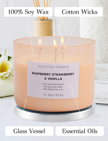 Raspberry Strawberry Vanilla 3 Wick Scented Candle | Large Soy Candles for Home 15.8 oz | Long Lasting Aromatherapy Candle Gift | Refreshing Berry Scented Candles | Relaxing Candle for Women & Men
