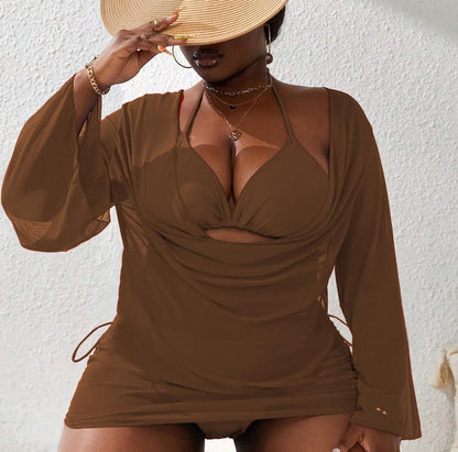 YELAIVP Women's Plus Size Halter String Triangle Bikini Sets 3 Piece Swimsuits with Side Ruched Drawstring Cover Up