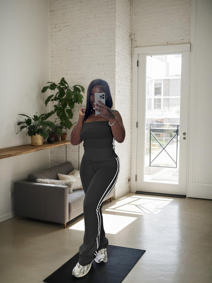 HBQ Women Two Piece Outfits Strapless Crop Top and Flare Pants Casual Stripe Lounge Sets Tracksuits