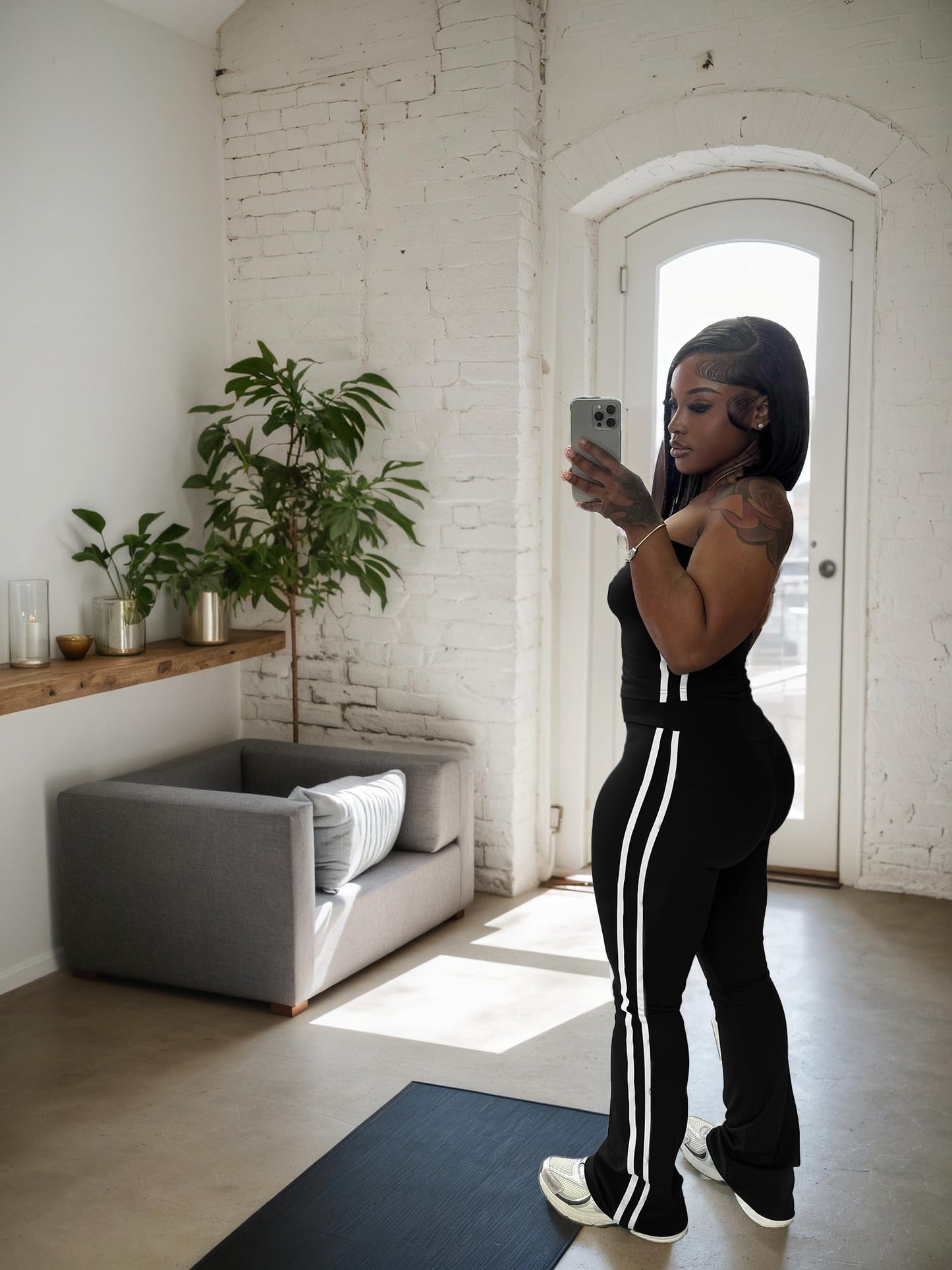 HBQ Women Two Piece Outfits Strapless Crop Top and Flare Pants Casual Stripe Lounge Sets Tracksuits