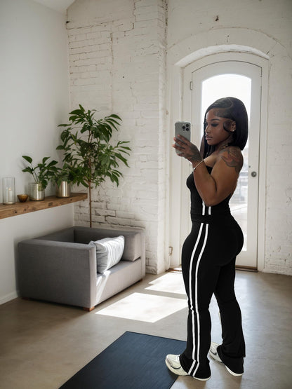 HBQ Women Two Piece Outfits Strapless Crop Top and Flare Pants Casual Stripe Lounge Sets Tracksuits