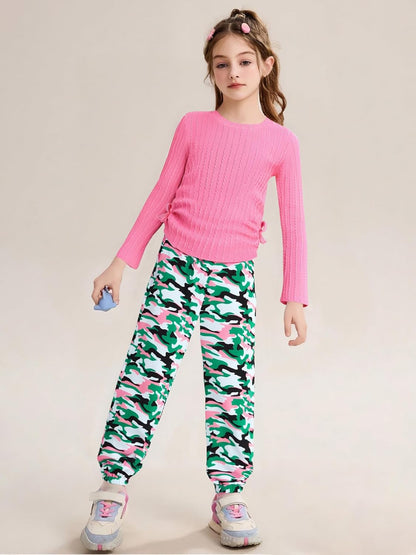 Girls' Clothing Sets Ribbed Knit Crewneck T-Shirt & Camo Print Elastic Waist Pants Girls Clothes Size 6-16Y