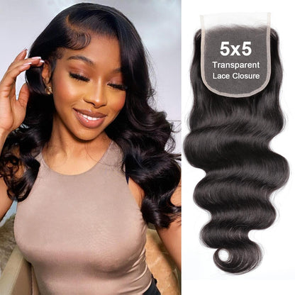 5x5 Transparent HD Lace Closure Body Wave Human Hair Closure Invisible Ultra-thin 5x5 Lace Closure Brazilian Raw Virgin Human Hair Pre Plucked Natural Black 16 Inch