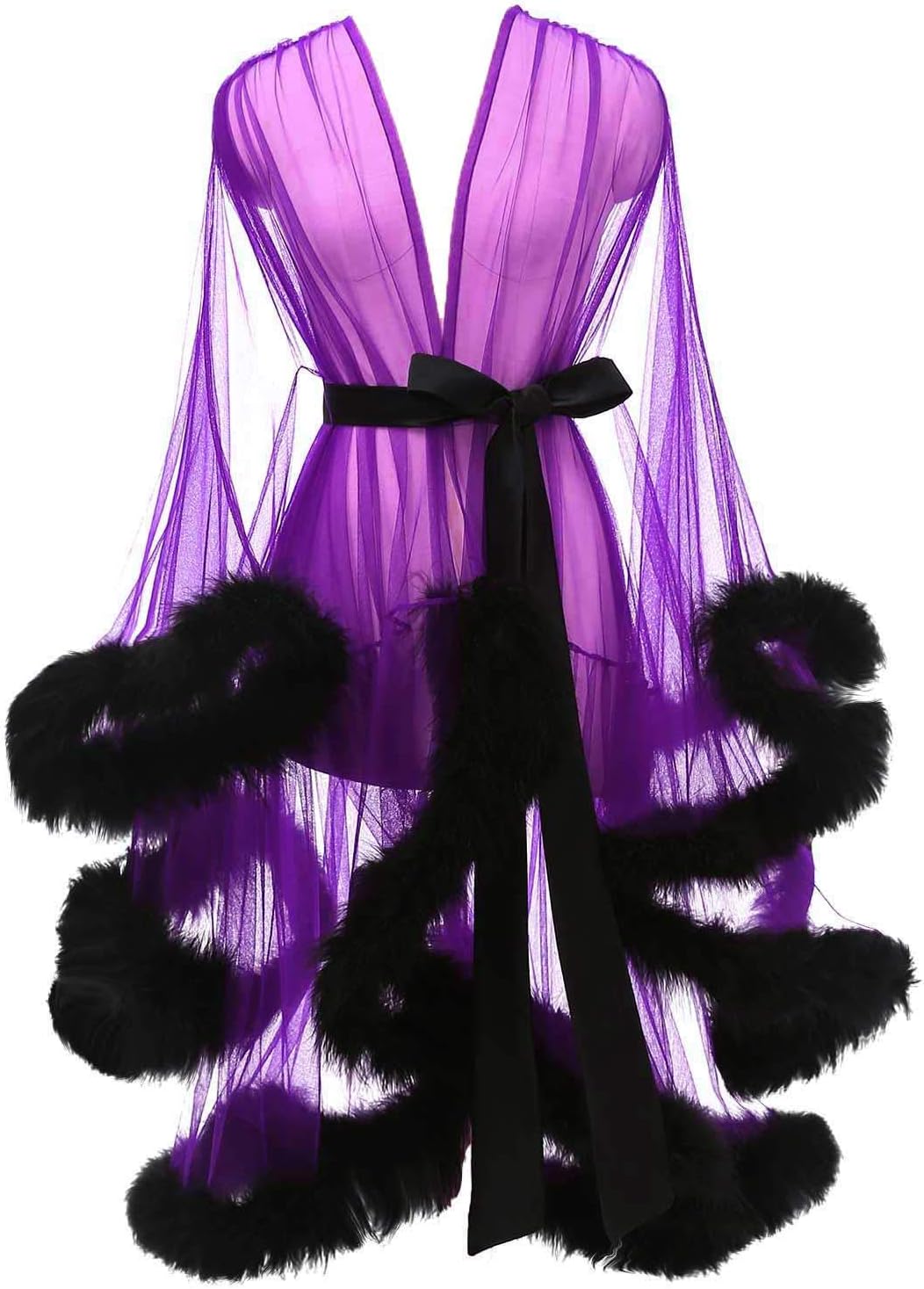 Tulle Feather Robe Sexy Sheer Mesh Fur Bridal Illusion Boudoir Bathrobe Nightgown Christmas Lingerie