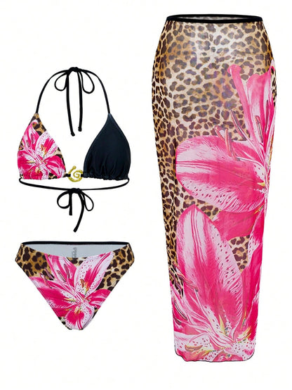 ZAFUL Womens 3pcs Swimsuit Floral Halter Triangle Bikini Top Tie Side Bottom with Long Sheer Cover Up Skirt