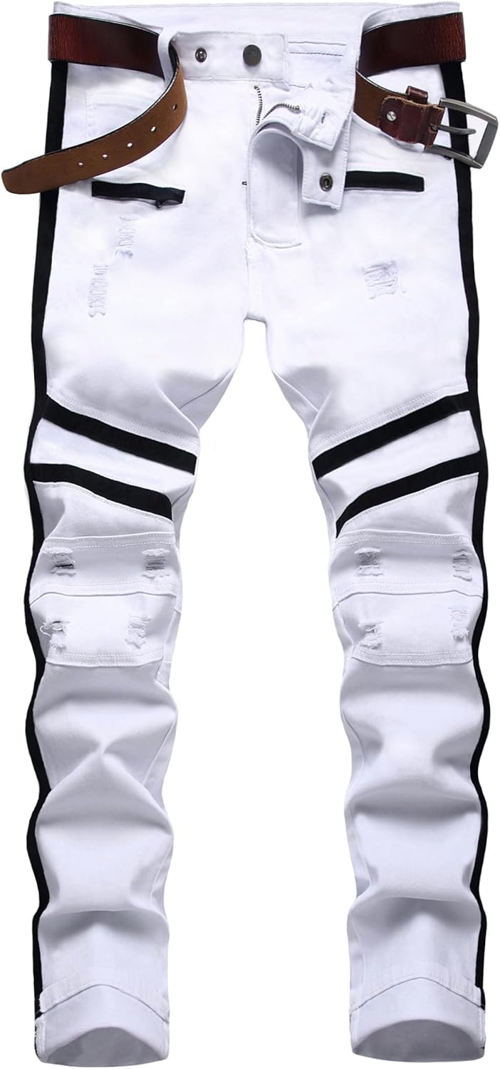 Baylvn Men's Designer Straight Slim Fit Patchwork Jeans Comfort Skinny Biker Denim Pants