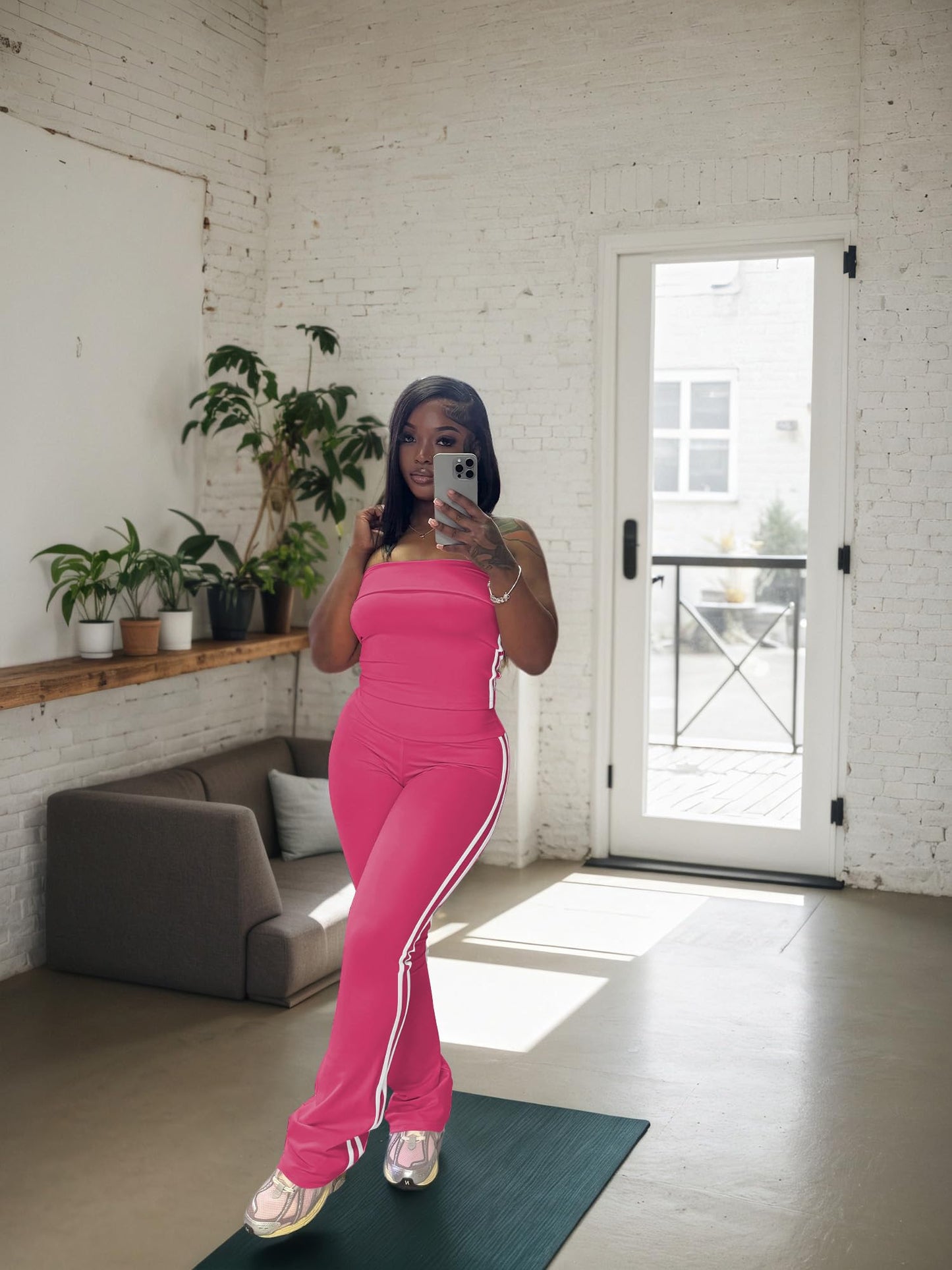 HBQ Women Two Piece Outfits Strapless Crop Top and Flare Pants Casual Stripe Lounge Sets Tracksuits