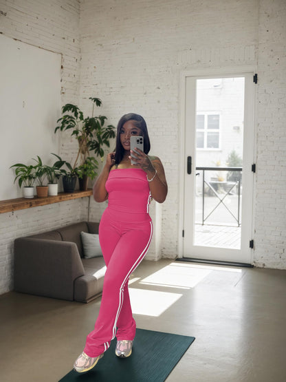 HBQ Women Two Piece Outfits Strapless Crop Top and Flare Pants Casual Stripe Lounge Sets Tracksuits