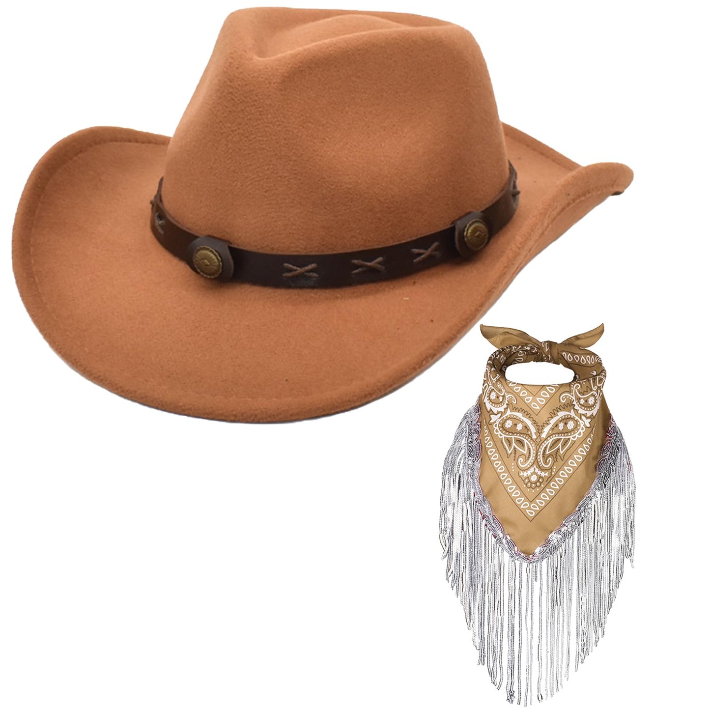 Ibeauti Cowboy Hat with Fringed Bandana Set for Women Wide Brim Western Cowgirl Hat Paisley Head Wrap Scarf