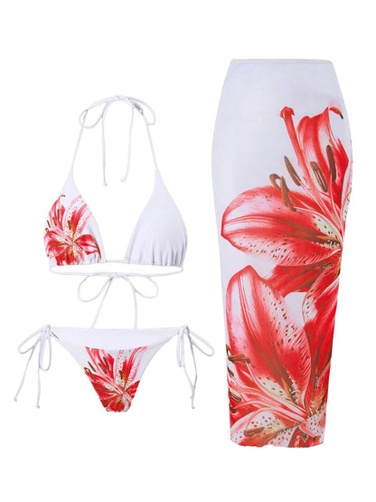 ZAFUL Womens 3pcs Swimsuit Floral Halter Triangle Bikini Top Tie Side Bottom with Long Sheer Cover Up Skirt