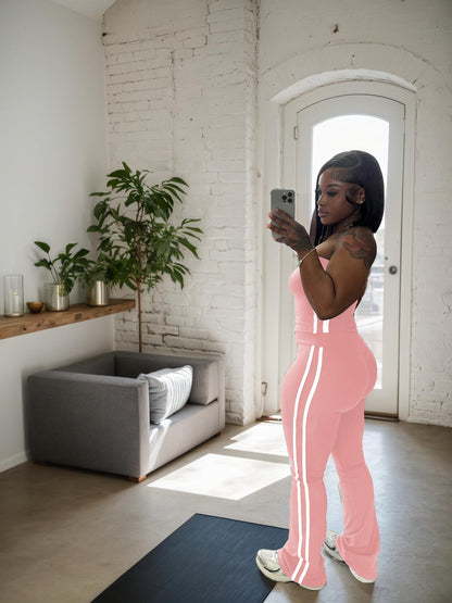 HBQ Women Two Piece Outfits Strapless Crop Top and Flare Pants Casual Stripe Lounge Sets Tracksuits