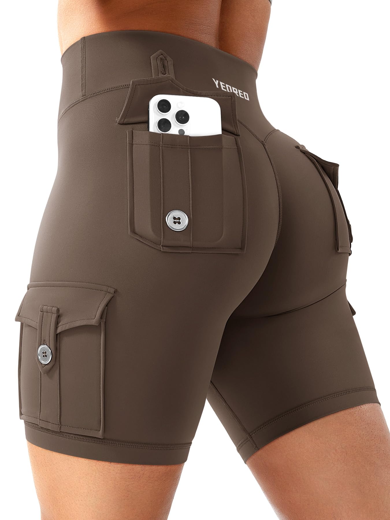 YEOREO CoreFlex Women Workout Biker Shorts with Cargo Pockets Hidden Scrunch High Waisted 8" Inseam Gym Shorts