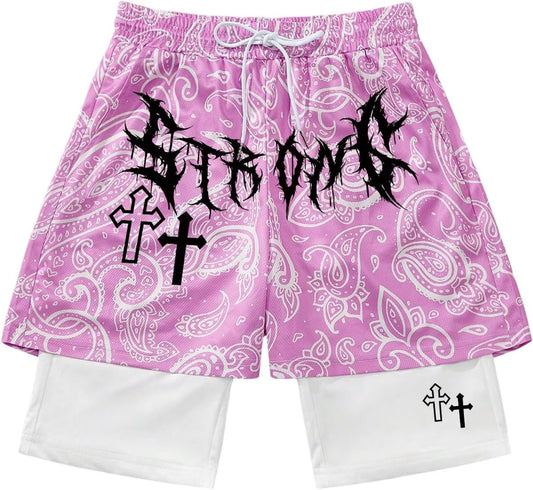 Men's Graphic Shorts with Liner Cross Print Drawstring 2 in 1 Gym Track Bottoms