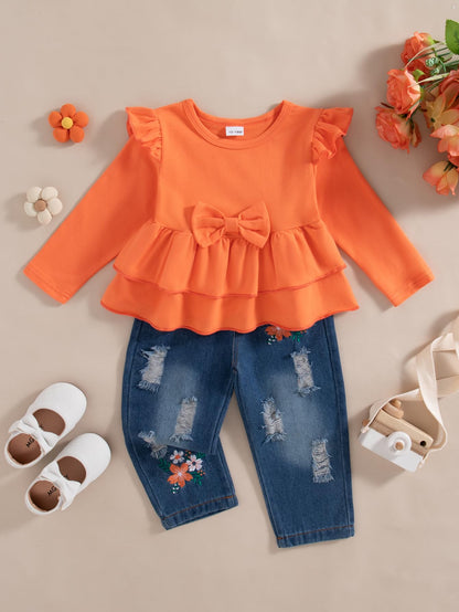 NZRVAWS Baby Girl Clothes Toddler Girl Outfits Infant Ruffle Shirt Denim Ripped Jeans Cute Clothing Set