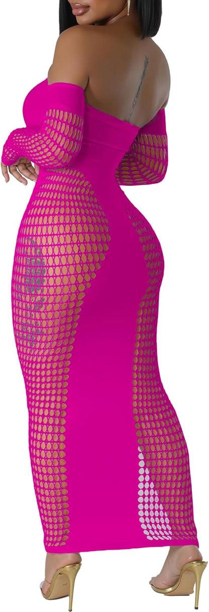 Women's Dress Sexy Club Dress Elegant Long Sleeve Off Shoulder Hollow Out Mesh Bodycon Party Dresses