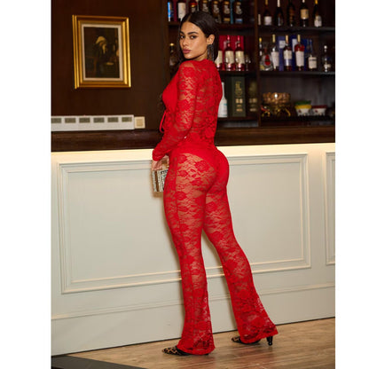 acelyn 2 Piece Lace Outfits For Women Floral Sheer Tie Frone Long Sleeve Crop Top and Flared Pants Y2K Club Outfit