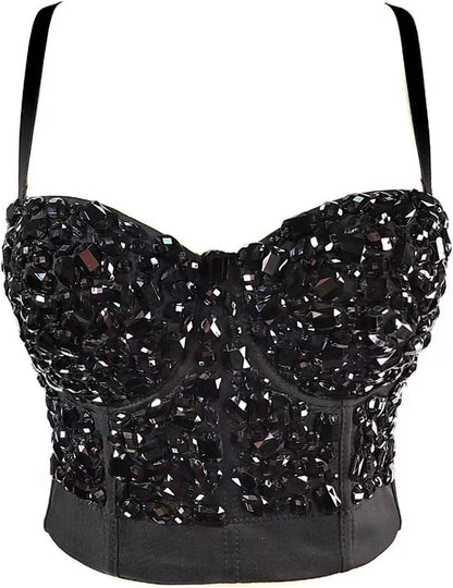 Women's Handmade Rhinestone Diamond Push up Bustier Crop Top Punk Corset Bra Vest
