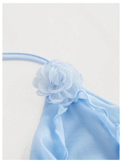 WDIRARA Women's 3D Flower Tie Front Ruffle Trim Halter Top Tie Backless Camisole