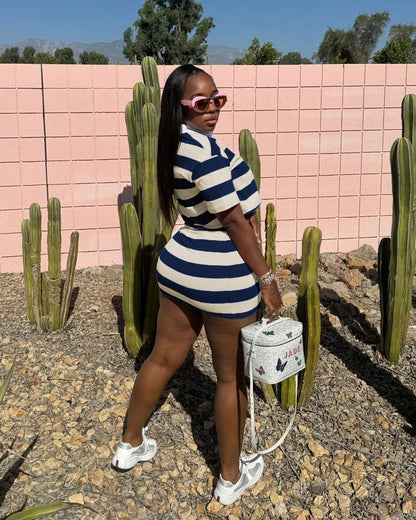 HBQ Women's Casual Two Piece Skirt Sets Polo Collar Crop Top Striped Mini Dress Summer Vacation-Stripe