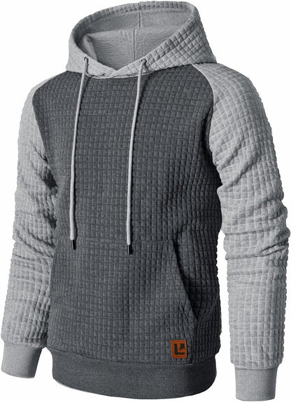 Men’s Sweatshirts Long Sleeve Pullover Patchwork Plaid Jacquard Hoodie Casual Drawstring Hoody Top