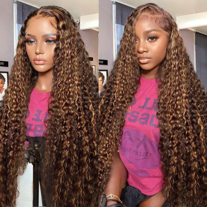 20Inch Deep Wave Lace Front Wigs Human Hair-13x4 HD Transparent Deep Wave Frontal Wigs Human Hair Glueless Curly Wigs for Women 200% Density Curly Lace Front Human Hair Pre Plucked with Baby Hair