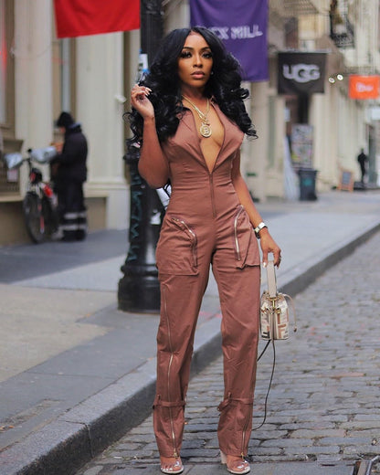 LKOUS Cargo Jumpsuits for Women Dressy, Sexy Short Sleeves V Neck Zipper One Piece Outfits with Pockets