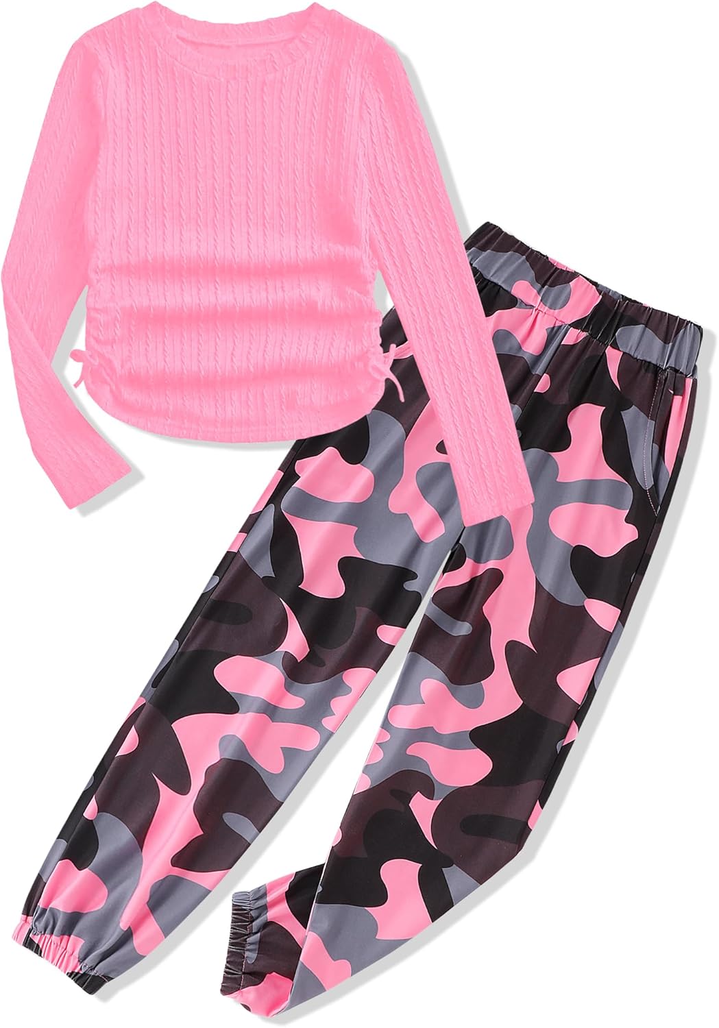 Girls' Clothing Sets Ribbed Knit Crewneck T-Shirt & Camo Print Elastic Waist Pants Girls Clothes Size 6-16Y