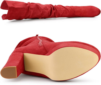 Allegra K Women's Platform Round Toe Zipper Slouch Heel Over the Knee Thigh High Boots