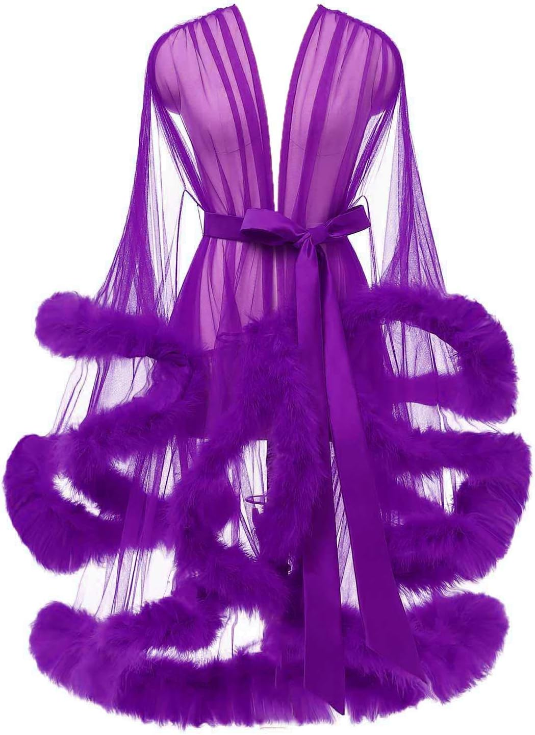 Tulle Feather Robe Sexy Sheer Mesh Fur Bridal Illusion Boudoir Bathrobe Nightgown Christmas Lingerie