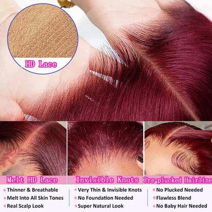28 Inch 99j Burgundy Lace Front Wigs Human Hair Red Burgundy Wig Human Hair 180% Density 13x6 Body Wave Lace Front Wigs Pre Plucked Glueless Lace Front Wigs Human Hair Wigs for Women