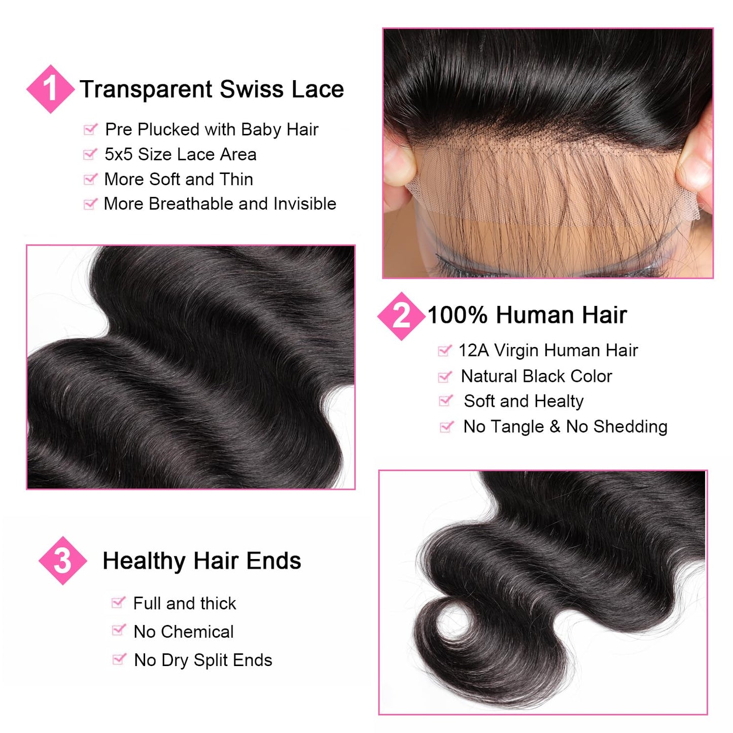 5x5 Transparent HD Lace Closure Body Wave Human Hair Closure Invisible Ultra-thin 5x5 Lace Closure Brazilian Raw Virgin Human Hair Pre Plucked Natural Black 16 Inch