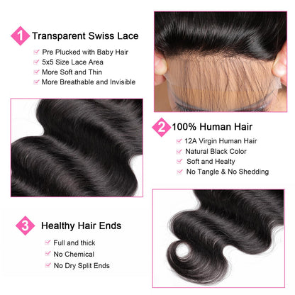 5x5 Transparent HD Lace Closure Body Wave Human Hair Closure Invisible Ultra-thin 5x5 Lace Closure Brazilian Raw Virgin Human Hair Pre Plucked Natural Black 16 Inch