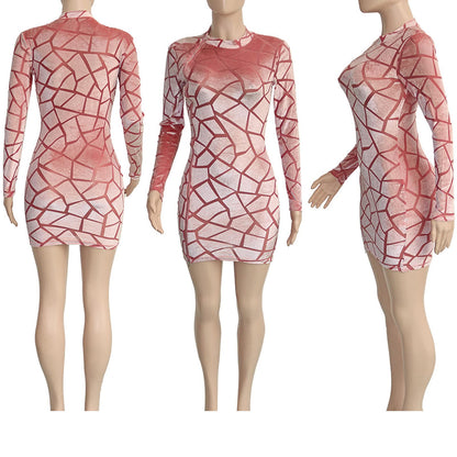 Uni Clau Women Sexy Sheer Mesh Boydcon Midi Dress See Through Printed Long Sleeve Midi Skinny Clubwear Party Dress