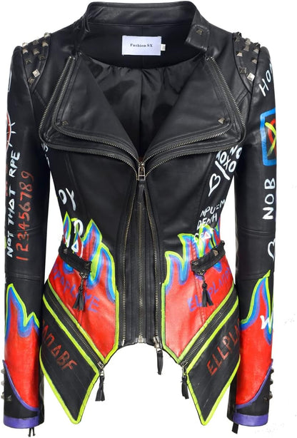 FUYUAN Women's fashion studs perfectly shaped artificial leather jacket graffiti punk motorcycle jacket