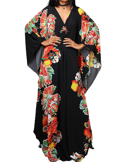 Bsubseach Women Ethnic Print Kaftan Beach Dress Plus Size Swimsuit Cover Up