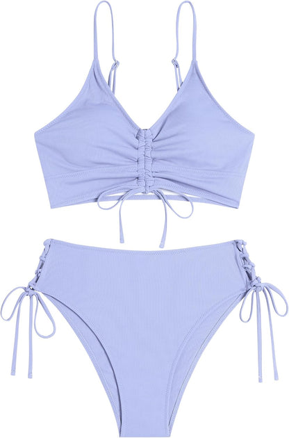 ZAFUL Women V Neck Bikini Set Ruched Tie Front High Waisted Floral Print Ribbed 2 Piece Bathing Suit Swimsuits