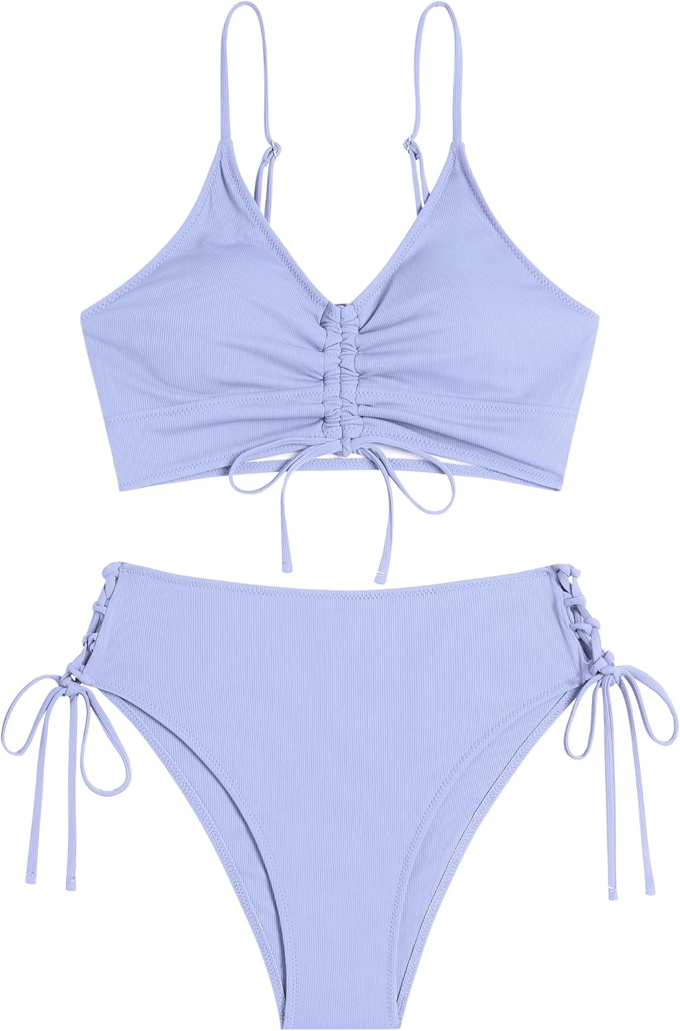 ZAFUL Women V Neck Bikini Set Ruched Tie Front High Waisted Floral Print Ribbed 2 Piece Bathing Suit Swimsuits