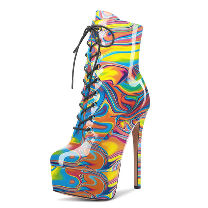 Aachcol Women Ankle Boots Short Bootie Platform Stiletto High Heel Round Toe Dress Shoes Lace-up Patent 6.5 Inch