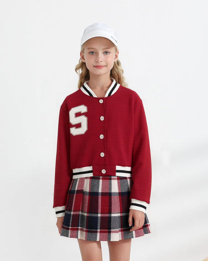 Girls 2 Piece Outfits Skirt Set Button up Jacket Sweatshirt and Pleated Mini Skirts Fall Winter Clothes Size 7-14Y