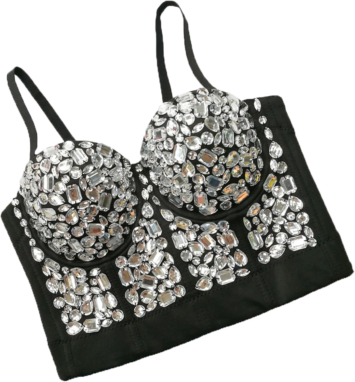 Women's Handmade Rhinestone Diamond Push up Bustier Crop Top Punk Corset Bra Vest