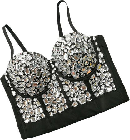 Women's Handmade Rhinestone Diamond Push up Bustier Crop Top Punk Corset Bra Vest